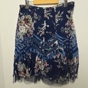 le chateau Navy Floral Mini Skirt with Blue Ribbon Trim
